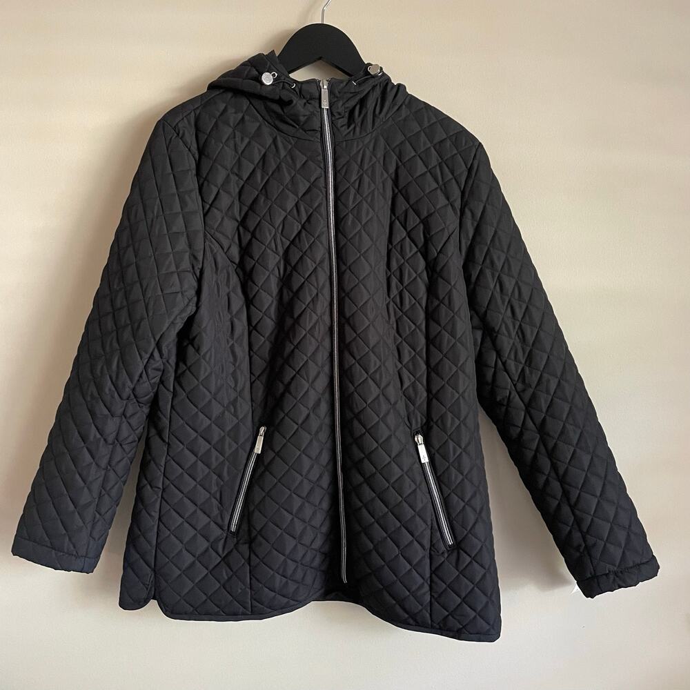Kenneth Cole New York Quilted Jacket Womens L Black Hooded Zip Coat
